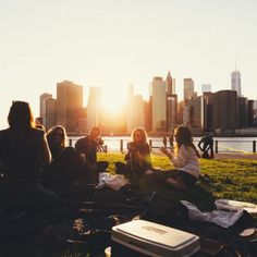 group of people sitting on the grass in front of a cityscape at sunset