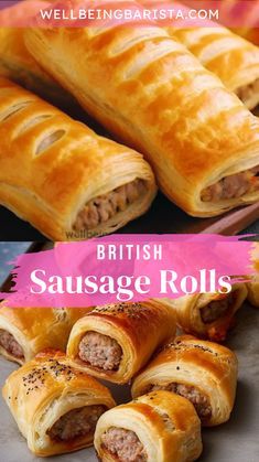 some sausage rolls are sitting on a tray with the words british sausage rolls below it