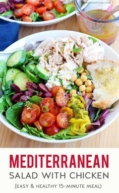 mediterranean salad with chicken is an easy and healthy lunch that can be made in less than 15 minutes