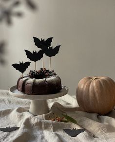 there is a cake with bats on it and a pumpkin sitting next to the cake