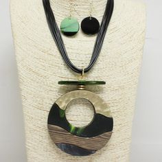 Description: Color : Gold/ Green (Cellulose Acetate Necklace) Size : 18"L, 3"Ext. Earring Size : 2"L, Fish Hook Wooden Necklaces, Wooden Necklace, Cellulose Acetate, Necklace Size, Metal Clay, Necklace Sizes, Boutique Jewelry, Fish Hook, African Fashion