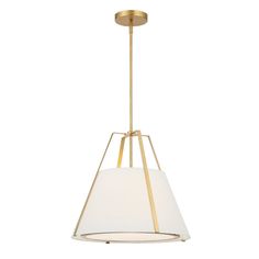 a light fixture with a white shade on the bottom and a gold frame around it