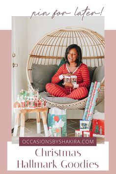 a woman sitting in a chair with presents on the floor and text overlay that reads christmas