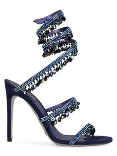 Prom Shoes Blue, Heels Dark Blue, Fringe Heels, Crystal Sandals, Rene Caovilla, Swimwear Tankini, Prom Shoes, Toe Designs, Blue Shoes