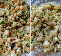 two pictures side by side one has shrimp and the other has crab salad in it