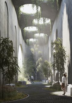 an artist's rendering of the inside of a building with trees and people walking