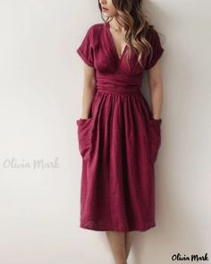 OliviaMark - Robe chic à manches courtes et col en V avec poche en mélange de coton et de lin de première qualité Shirt Dress Summer, Cotton Linen Dresses, Wrap Midi Dress, Solid Color Dress, Vestido Casual, Kimono Dress, Aaliyah, Outfit Casual, Casual Look