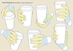 hands holding coffee cups and gloves with the words hand reference on each cup in different positions