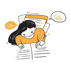 a drawing of a woman laying on top of a piece of paper with a thought bubble above her head