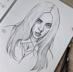 a pencil drawing of a woman with long hair