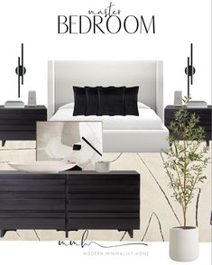 a bedroom with black and white furniture and accessories in it's interior design board