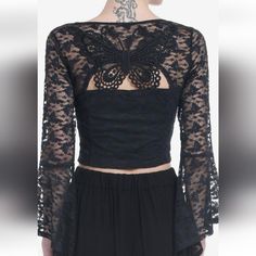 This Lined Lace Number Is Quite Beautiful. It'is Nwt. Serious Blouse Here ! I'im Impressed With The Quality, Should Last, If Washed In Bra Bag. I Have Many Sizes, No Small. Partially Lined On Lower Area. Top Of Chest Down, Not Butterfly On Back Or Arms, But Lower On Back Has That Hook Bustier Closure Down Front 90% Poly 10% Spandex. Lining Is 100% Polyester (Lining Is Black Shown, See Tag From Hot Topic Outlet. Measurements Medium Measures 16 Almost Under Pits (15.8) Unstretched 15 In Waist 24 I Gothic Crop Top For Spring Club Events, Long Sleeve Lace Crop Top For Party, Lace Long Sleeve Crop Top For Night Out, Long Sleeve Lace Crop Top For Night Out, Cropped Lace Top For Party, Fitted Crop Top For Summer Evenings, Fitted Long Sleeve Crop Top For Party, Gothic Stretch Tops For Night Out, Spring Gothic Stretch Crop Top