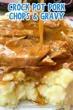 Pork chops and gravy on top of mashed potatoes. Easy Pork Chop Dinner, Easy Crockpot Pork Chops, Pork Chops Recipes, Slow Cooker Pork Chops Recipes, Pork Crockpot Recipes, Pork Chop Recipes Crockpot, Slow Cooker Recipes Pork, Pork Chops And Gravy, Slow Cooker Beef Stroganoff