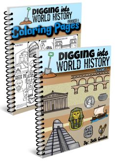 two coloring books with the title, digging into world history and an image of ancient egypt