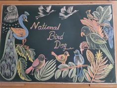 Blackboard Decoration for National Bird Day Blackboard Border Designs, Blackboard Decoration Classroom, Chalkboard Art Classroom, Chalkboard Decoration, Blackboard Decoration, Blackboard Design, Spring Chalkboard Art, National Bird Day, School Chalkboard Art