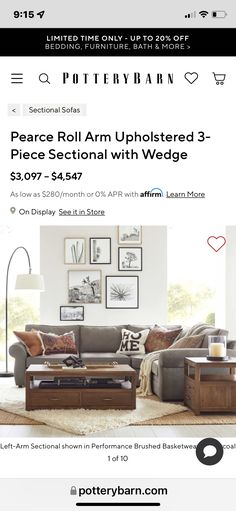 a living room with couches, tables and pictures on the wall above it is an ad for pottery barn