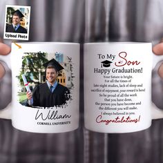 a person holding a coffee mug with a graduation photo on it