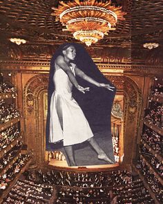 an old photo of a woman in a white dress standing on a stage surrounded by rows of people