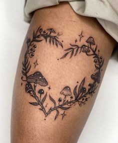 Nature Elbow Tattoos For Women, Pumpkin Mushroom Tattoo, Cottagecore Aesthetic Tattoo, Mushroom Heart Tattoo, Fairy Ring Knee Tattoo, Cottagecore Tattoo Sleeve, Around Elbow Tattoos For Women, Cottage Core Tattoo Ideas, Mushroom Forest Tattoo