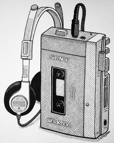 a drawing of a cassette player with headphones attached to it's back side