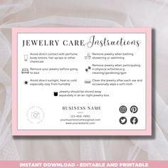 a pink and white business card with the words jewelry care instructions