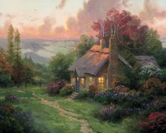 a painting of a cottage in the countryside