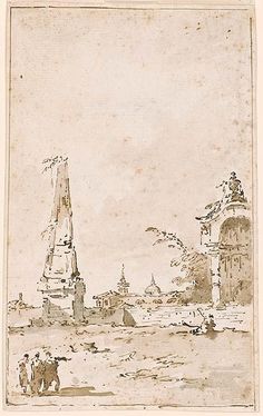 an old drawing of people on the beach near a large tower with two flags flying in the sky