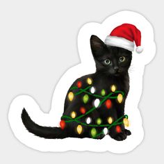 a black cat wearing a santa hat with christmas lights on it's tail, sitting in front of a white background