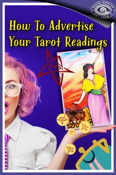 a woman with pink hair and glasses holding up a tarot reading sign that says how to advertise your tarot readings