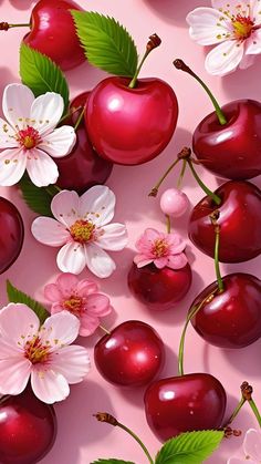 cherry blossoms and cherries are arranged on a pink surface, with white flowers in the center