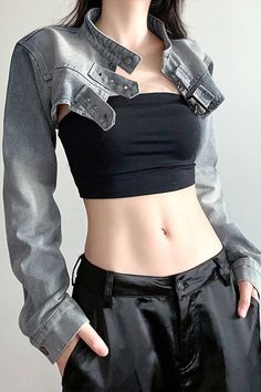 A denim with buttoned collar jacket, loose fit long sleeves with cuffs, and front belt closures, ultra cropped, wholesale. Fabric: 30% polyester,70% cotton, Weight: 0.51 lb Denim Shrug, Retro Inspired Outfits, Streetwear Jackets, Cropped Coat, Women Outerwear, Denim Patterns, Coat Vintage, Denim Coat Jacket, Japanese Women