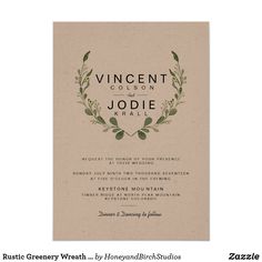 the front and back of a wedding card with an olive wreath design on it, which reads