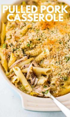 a casserole dish filled with pasta, meat and parmesan cheese on top