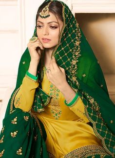 Yellow and Green Embroidered Gharara Suit Yellow Color Combinations, Gharara Suits, Maang Tika, Drashti Dhami, Combination Dresses, Green Color Combinations, Yellow Suit, Designer Punjabi Suits, Gaun Fashion