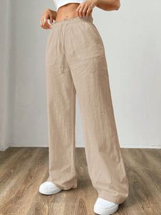 Women's Fashionable Summer Lightweight Simple Khaki Woven Wide-Leg Pants Khaki Casual   Woven Fabric Plain Straight Leg Non-Stretch  Women Clothing, size features are:Bust: ,Length: ,Sleeve Length: Flowy Summer Bottoms, Wide Legged Linen Pants, Linen Summer Pants, Flowy Linen Pants, Vietnam Clothes, Summer Linen Pants, Modest Hijab, Summer Bottoms, Trendy Pants