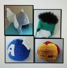 four different crocheted hats with hair on them