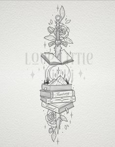 a tattoo design with books and roses on top of each other, in black ink