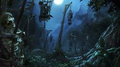 an image of a creepy forest scene at night with the full moon in the background