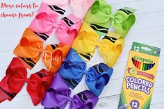 This listing is for 1 crayon hairbow or 1 crayon inspired hairbow only. This color inspired Hair bow is approximately 3.75-4 inches, 4.75 - 5 inches or 6 inches. This bow is perfect for your daughters back to school outfit! Please check pictures before buying so you can see the hair clips we offer. Tip and erasers are glitter: Gray - Glitter (silver) Tropic- glitter (dark aqua) Rose mauve - rose Gold Shocking Pink- dark pink Yellow Purple Royal Blue red Not Glitter: Light pink Light Blue Tan or Cheerleading Bows, Back To School Hair Bows, Back To School Bows, School Bows, Back To School Hair, School Hair Bows, Aqua Rose, Dark Aqua, School Hair