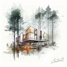 an artistic rendering of a house in the woods with watercolor paint and ink on paper