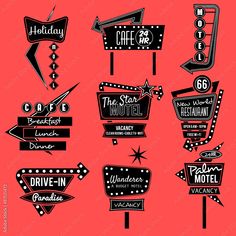 set of vintage movie signs and billboards on pink background