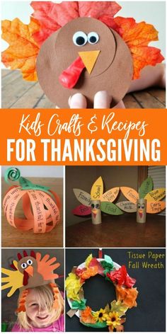 kids crafts and recipes for thanksgiving with paper plates, turkeys, leaves, and pumpkins