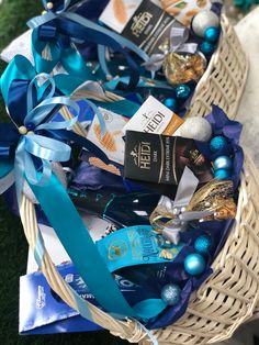 a basket filled with blue and white items