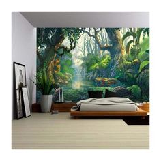 a bedroom with a large mural on the wall, and a bed in front of it