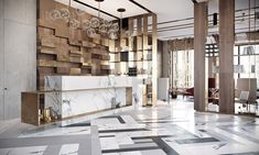 an elegant lobby with marble flooring and chandelier