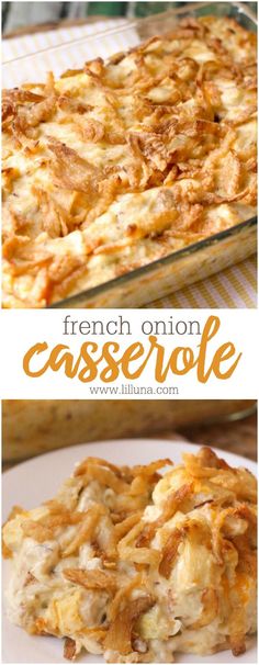 french onion casserole on a white plate and in a glass dish with the casserole