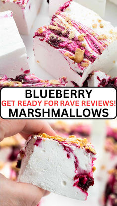 one image shows the top of a marshmallow and the second shows the side of one. Blueberry Marshmallows, Cheesecake Marshmallow, Marshmallow Dessert Recipes, Gourmet Marshmallows, Marshmallow Desserts, Blueberry Syrup