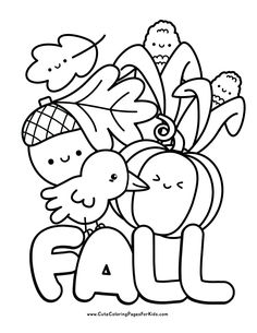 fall coloring page with the word fall written in black and white