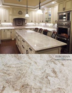 a kitchen with white marble counter tops and an island in front of a stove top oven