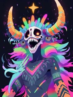 a skeleton with long hair and horns on it's head, wearing neon colors